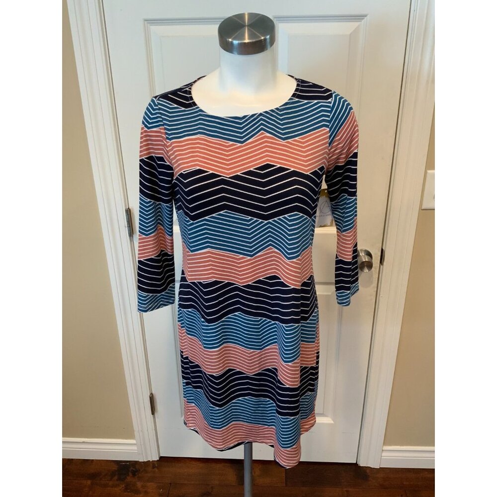 BCBG Max Azria Red/Blue/White Zig-Zag Striped 3/4 Sleeve Swing Dress, Size XS